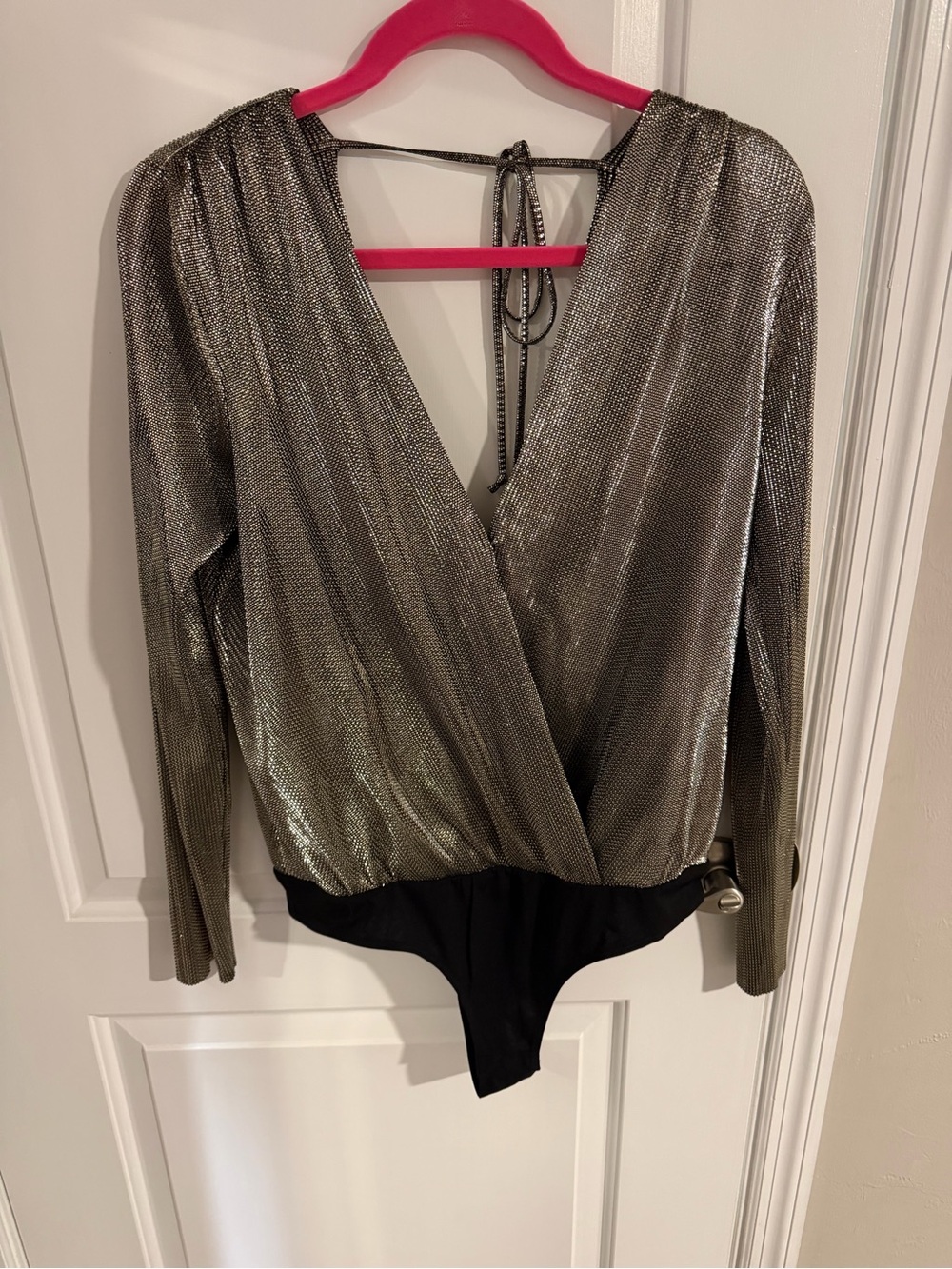 BCBG Metallic Silver Wrap Bodysuit Top